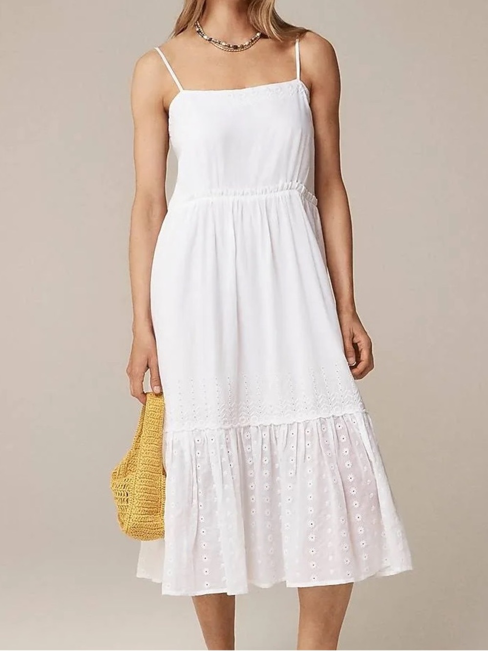 J. Crew Sorrento Dress XL Cotton Voile White Eyelet Flowy Spaghetti Straps Midi